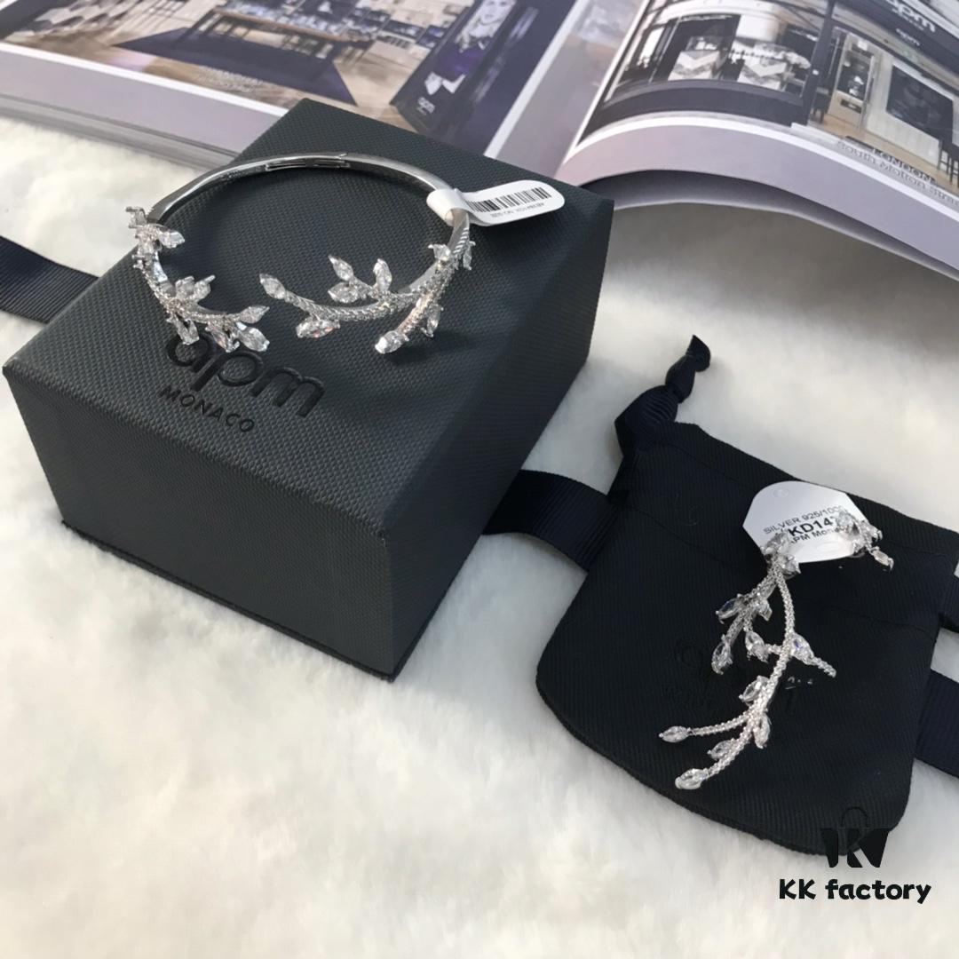 APM Monaco Olive Branch Bracelet and Earrings/Ear Clips Set
