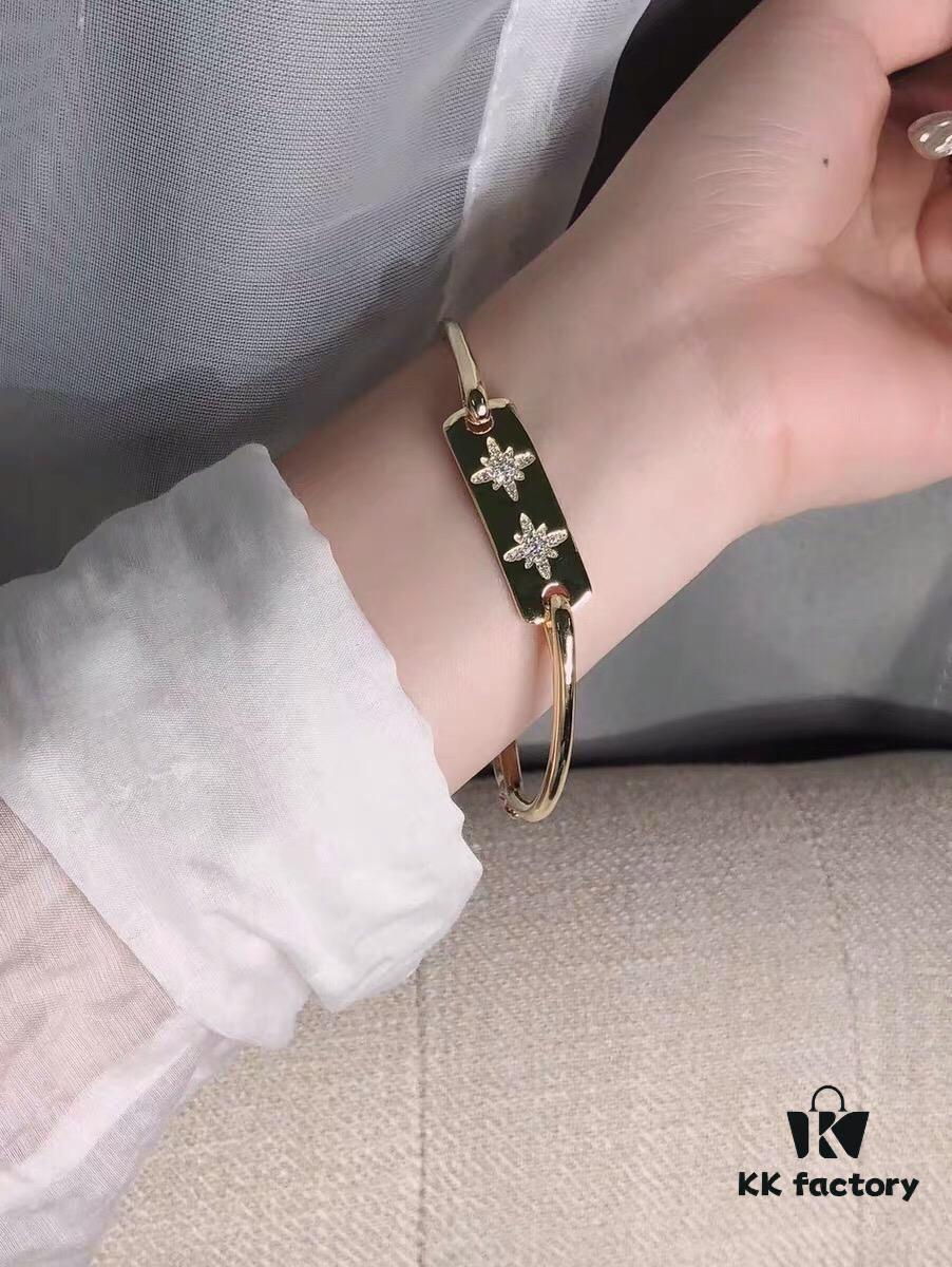 APM Monaco Gold-Tone Diamond-Paved Star Bracelet, New Arrival Unique Double Shooting Star Bangle