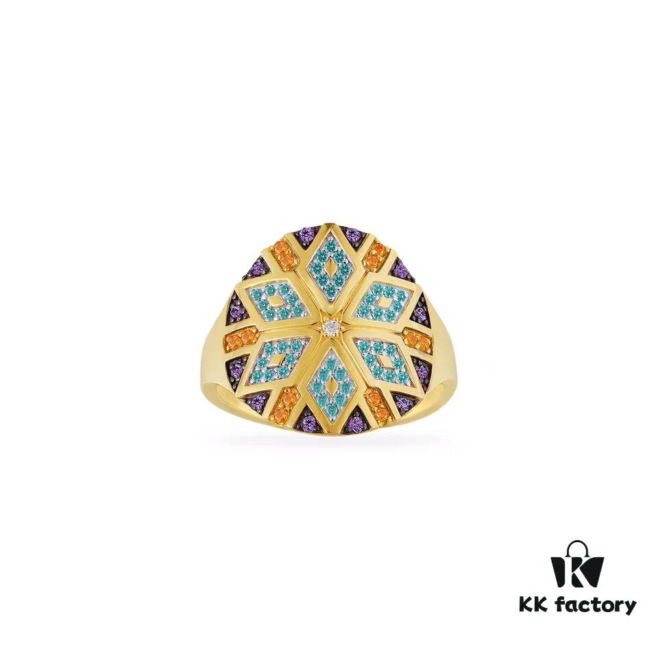 APM Monaco Colorful Tribe Round Statement Ring for Women, Golden Geometric Pattern Decorated Index Finger Ring