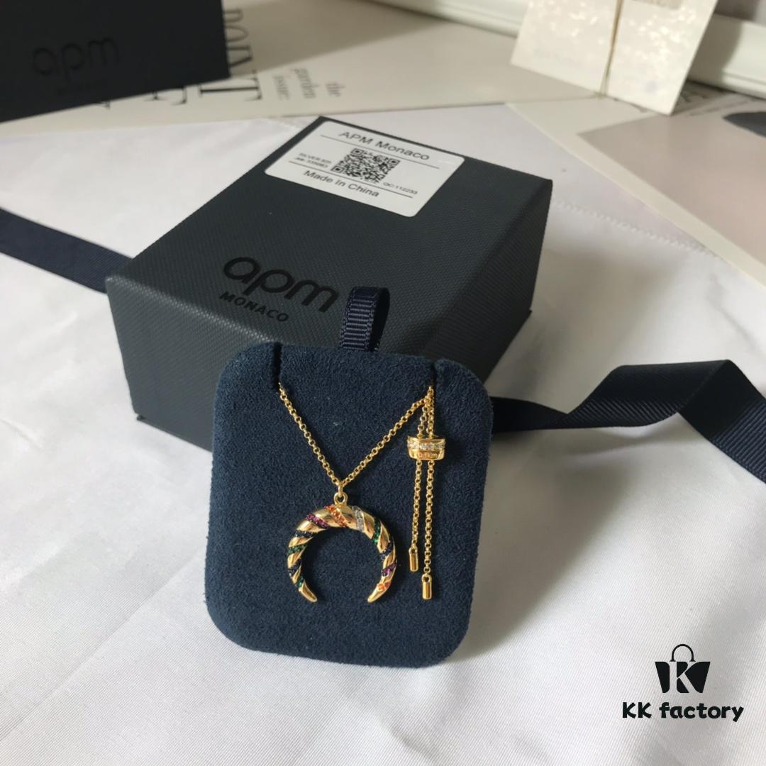 APM Monaco Multicolor Striped Retro Necklace for Women, Crescent Pendant Clavicle Chain