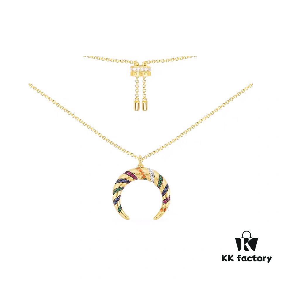 APM Monaco Multicolor Striped Retro Necklace for Women, Crescent Pendant Clavicle Chain