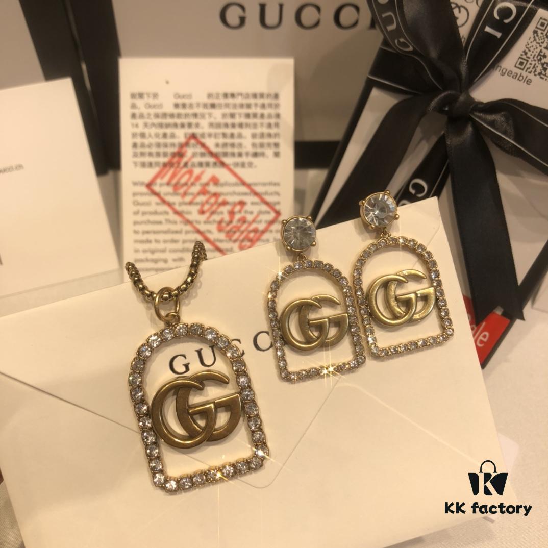 692fef3499f2d84055c8d3bd GUCCI Diamond-Paved Double G Set Necklace and Stud Earrings
