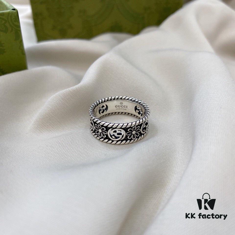 Gucci 925 Sterling Silver Double G Floral Vintage Ring