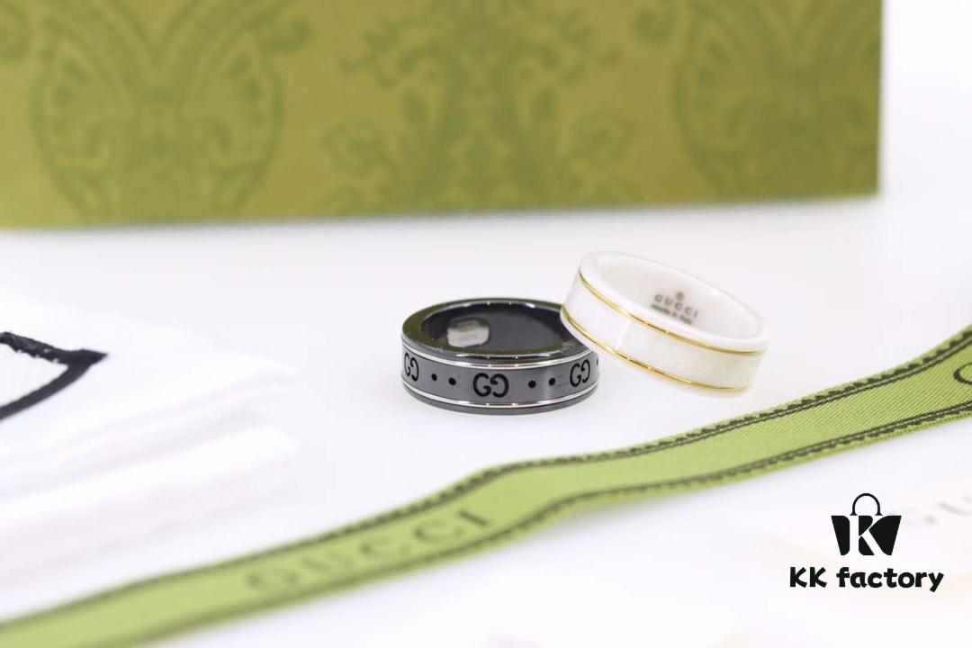 692fefe599f2d84055c8d502 Gucci Icon Series Black and White Ceramic Couple's Ring with Gold Trim