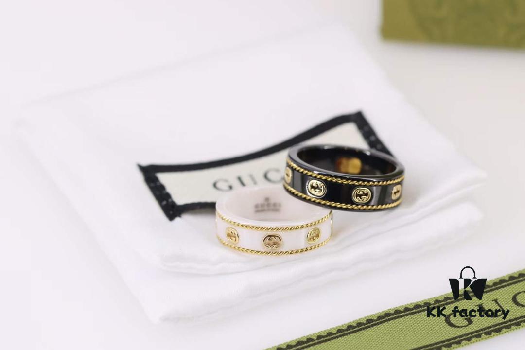 692fefe799f2d84055c8d506 Gucci Icon Series Gold-Edged Black and White Ceramic Couple's Ring