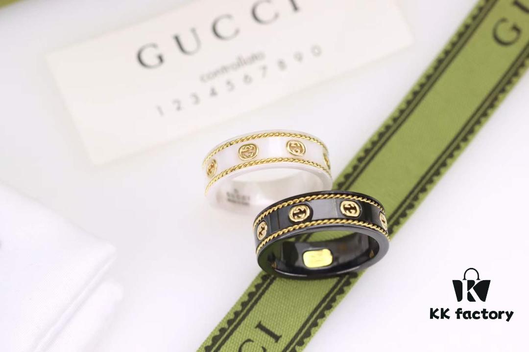 692fefe799f2d84055c8d507 Gucci Icon Series Gold-Edged Black and White Ceramic Couple's Ring