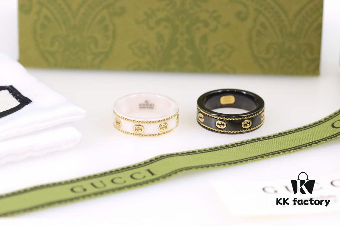 692fefe799f2d84055c8d508 Gucci Icon Series Gold-Edged Black and White Ceramic Couple's Ring