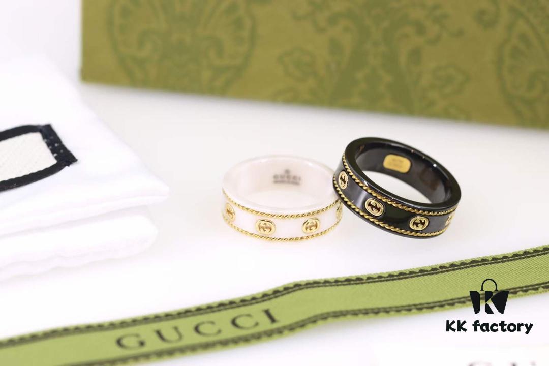 692fefe899f2d84055c8d509 Gucci Icon Series Gold-Edged Black and White Ceramic Couple's Ring