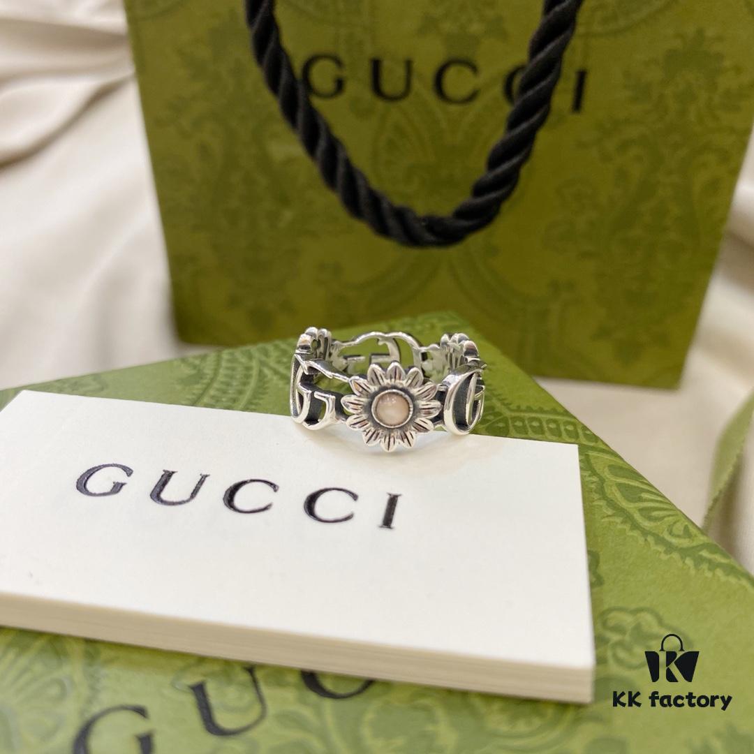 Gucci New Arrival Double G Floral Pink Shell Pure Silver Ring
