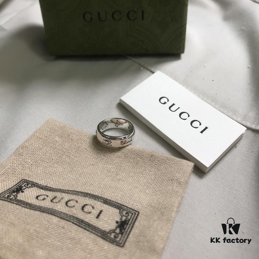 Gucci 925 Sterling Silver Double G Fearless Floral and Bird Couple Ring
