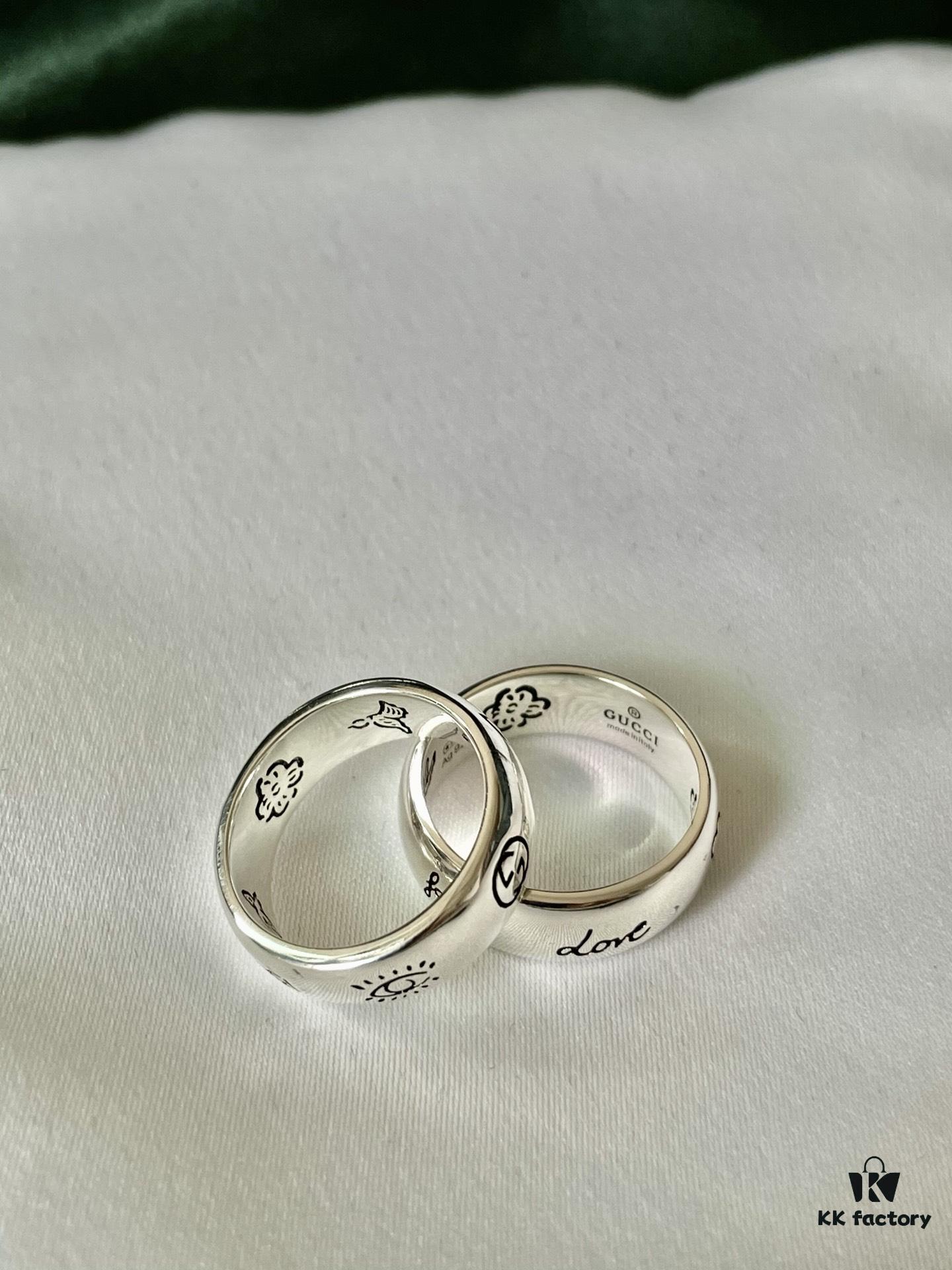 Gucci 925 Sterling Silver Double G Fearless Floral and Bird Couple Ring