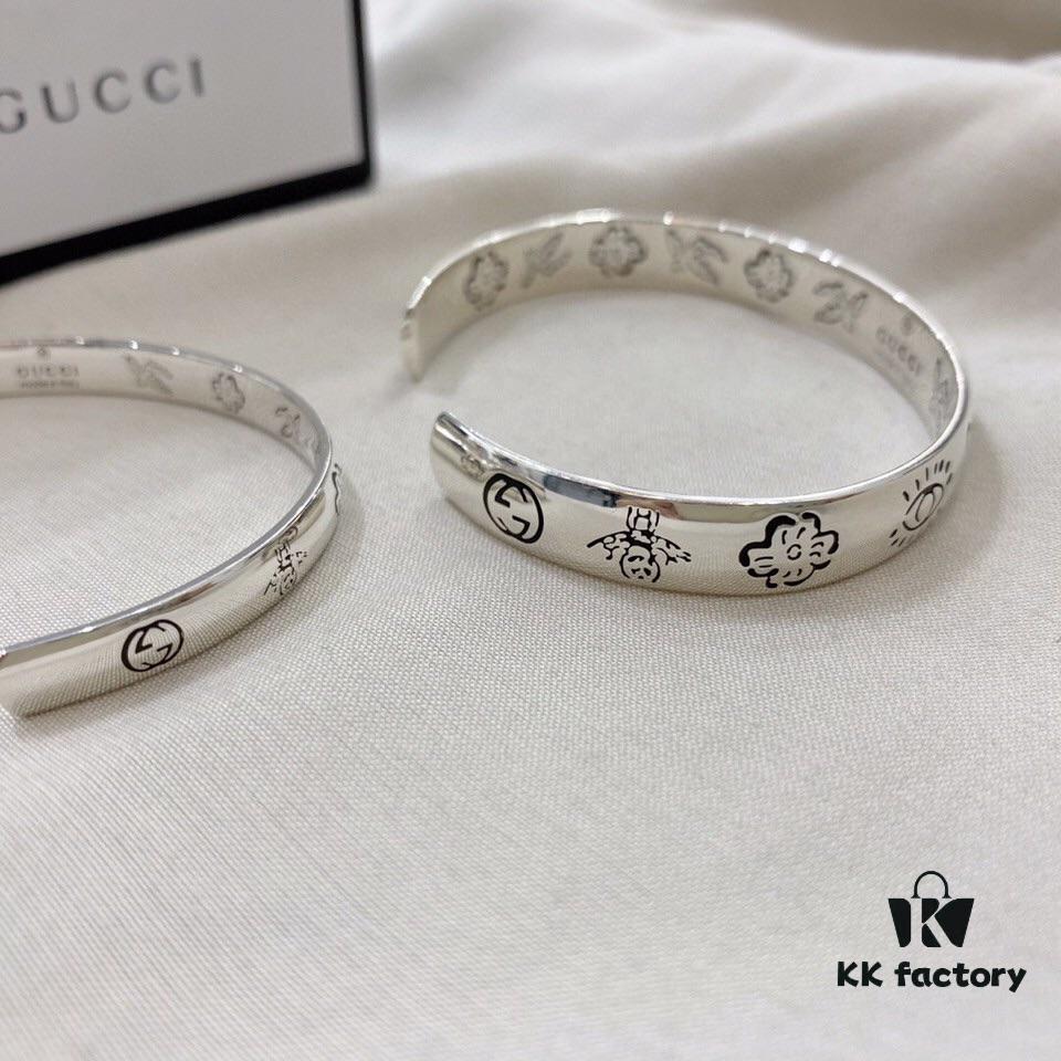 Gucci Super Recommended Hydraulic Mold Fearless Love Birds and Flowers Couple 925 Sterling Silver Bracelet