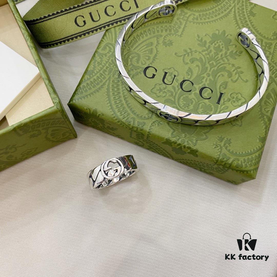 Gucci New Arrival 925 Sterling Silver Interlocking Double Wide Bangle Ring
