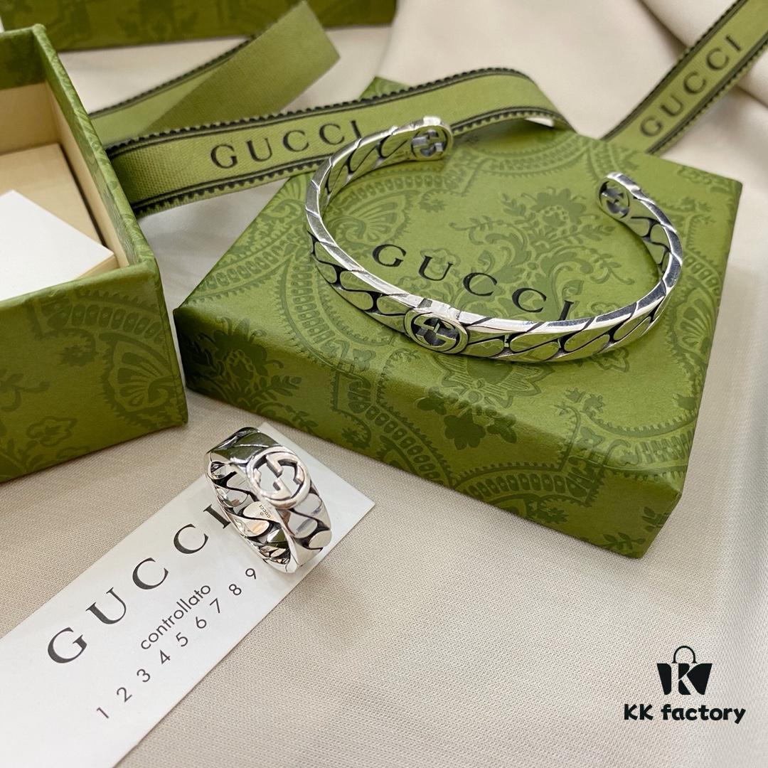 Gucci New Arrival 925 Sterling Silver Interlocking Double Wide Bangle Ring