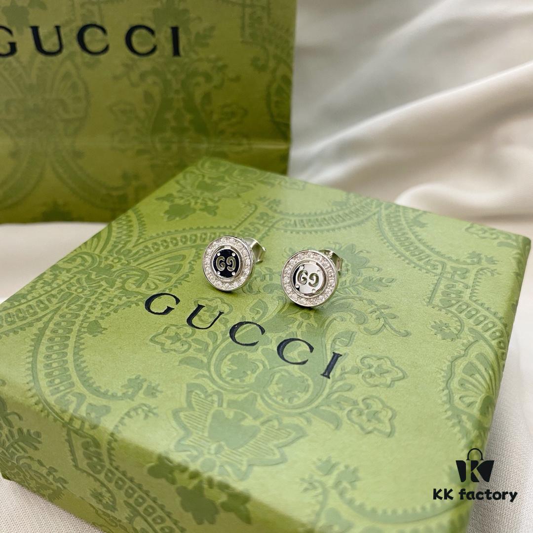 Gucci 925 Sterling Silver Double G Diamond-Encrusted Minimalist Stud Earrings
