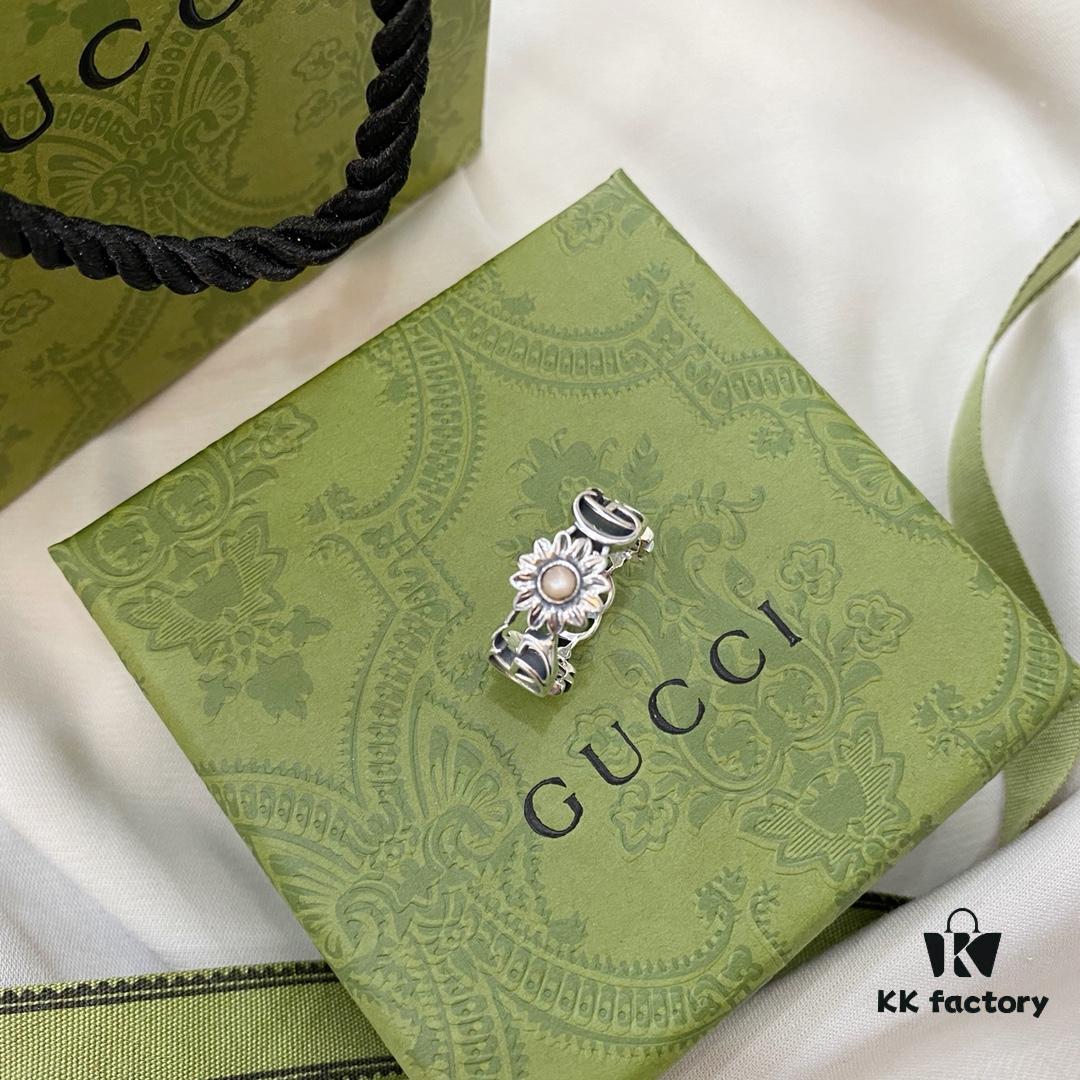 Gucci New Arrival Double G Floral Pink Shell Pure Silver Ring