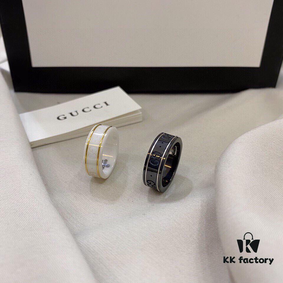 Gucci 925 Sterling Silver Double G Logo Black and White Ceramic Couple Ring