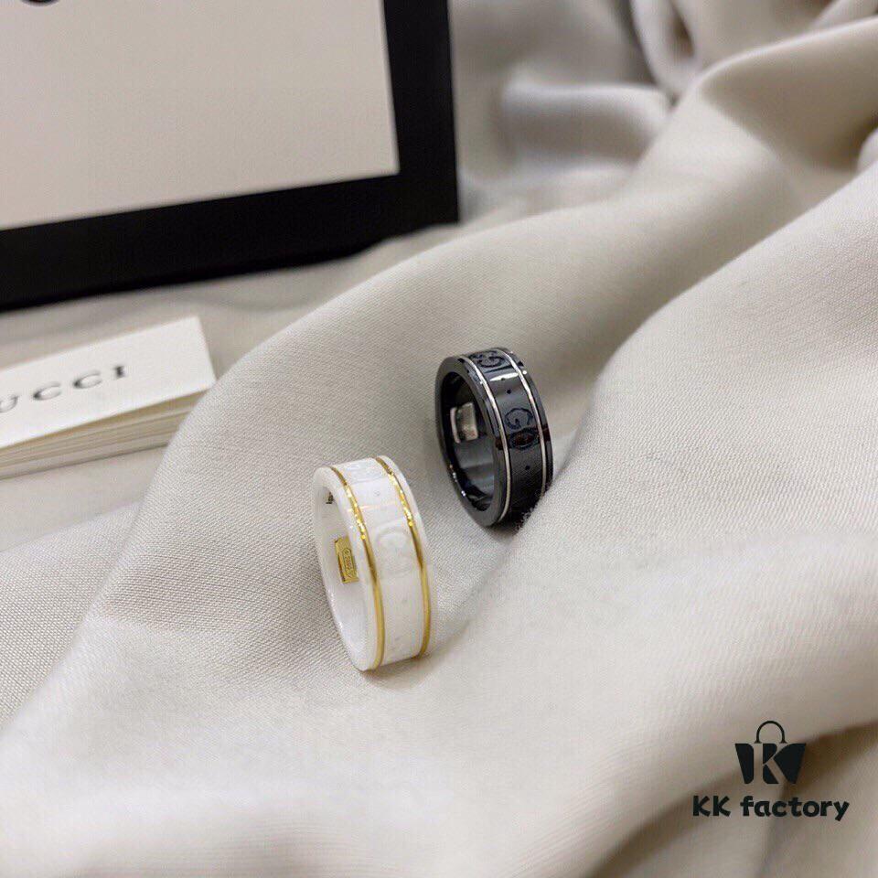 Gucci 925 Sterling Silver Double G Logo Black and White Ceramic Couple Ring
