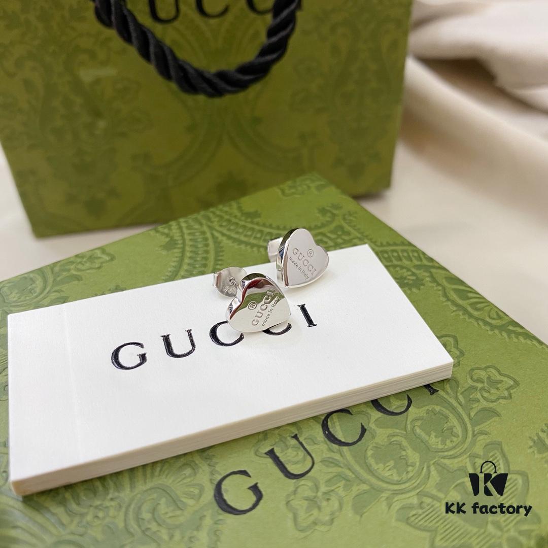 Gucci Logo 925 Sterling Silver Heart Stud Earrings