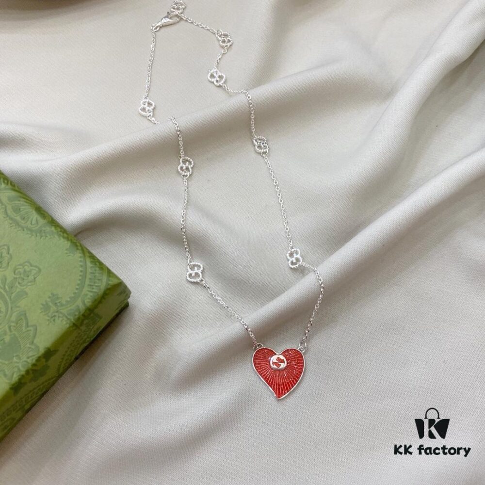 692ff07099f2d84055c8d609 Gucci Gucci 925 Sterling Silver Interlocking Double G Red Enamel Heart Pendant Necklace