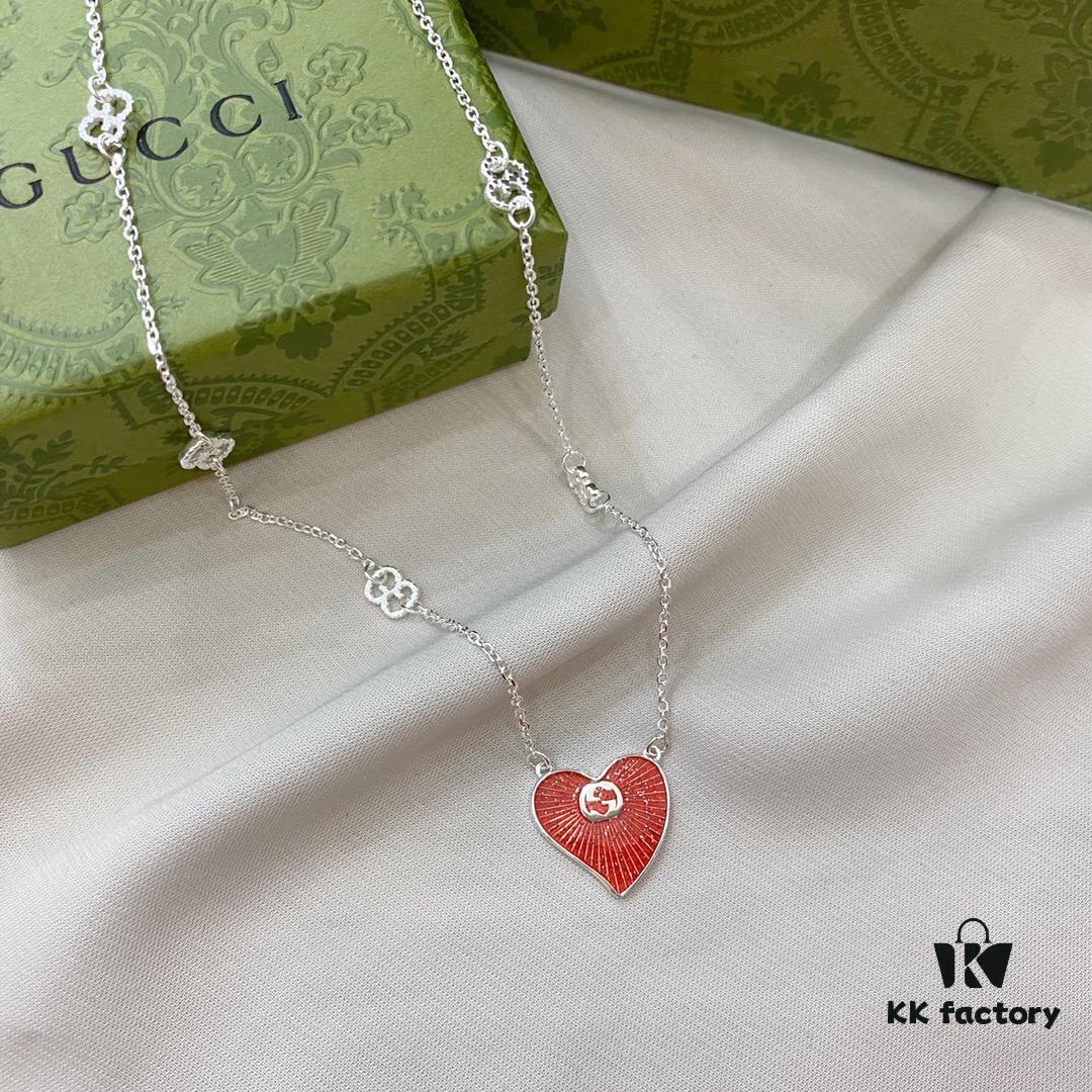 692ff07599f2d84055c8d610 Gucci Gucci 925 Sterling Silver Interlocking Double G Red Enamel Heart Pendant Necklace