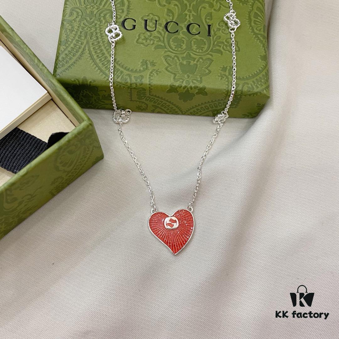 692ff07699f2d84055c8d612 Gucci Gucci 925 Sterling Silver Interlocking Double G Red Enamel Heart Pendant Necklace