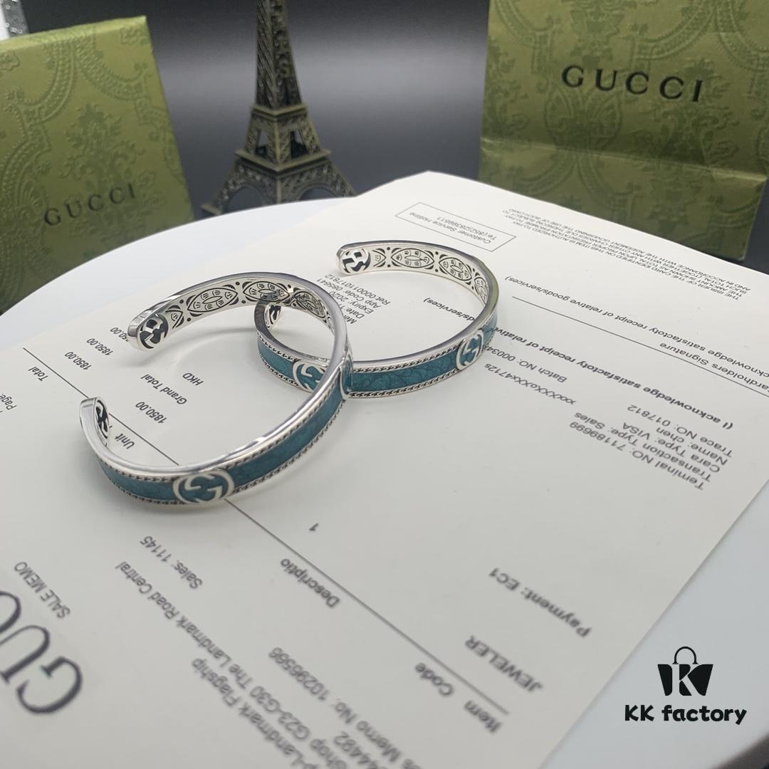 Gucci Gucci 925 Sterling Silver Double G Interlocking Green Enamel Bracelet