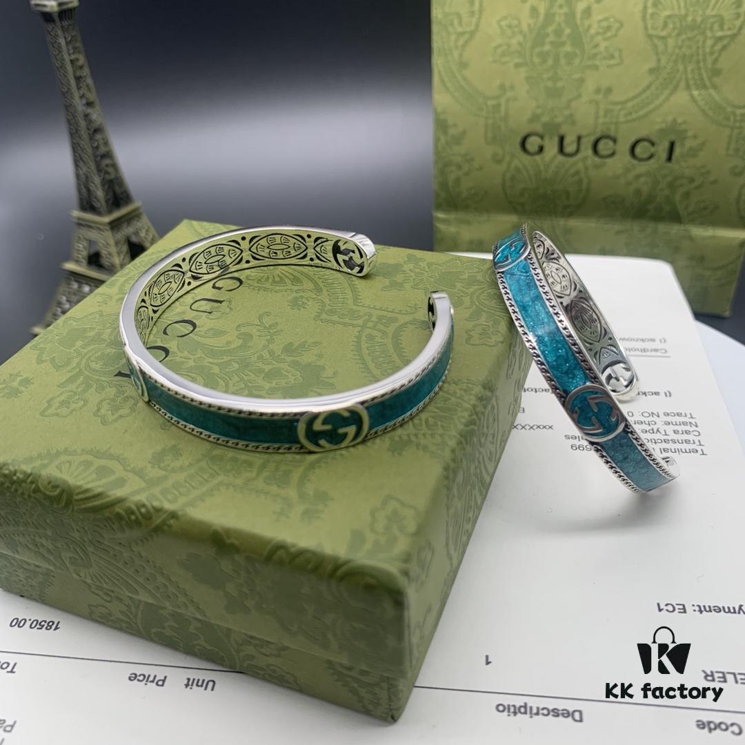 Gucci Gucci 925 Sterling Silver Double G Interlocking Green Enamel Bracelet