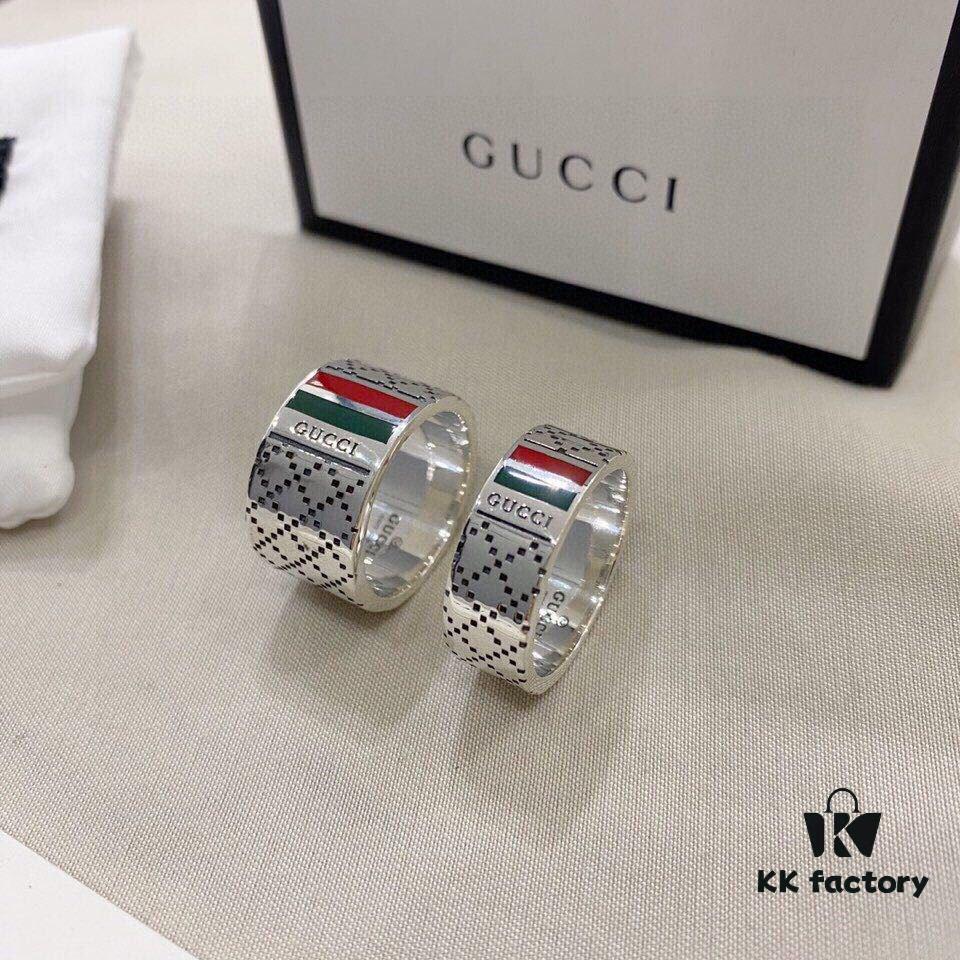 692ff09299f2d84055c8d64e Gucci 925 Sterling Silver Red and Green Diamond Checkered Pattern Couple Ring