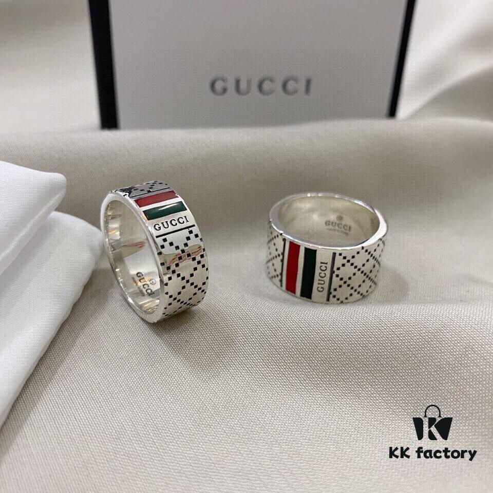 692ff09299f2d84055c8d650 Gucci 925 Sterling Silver Red and Green Diamond Checkered Pattern Couple Ring