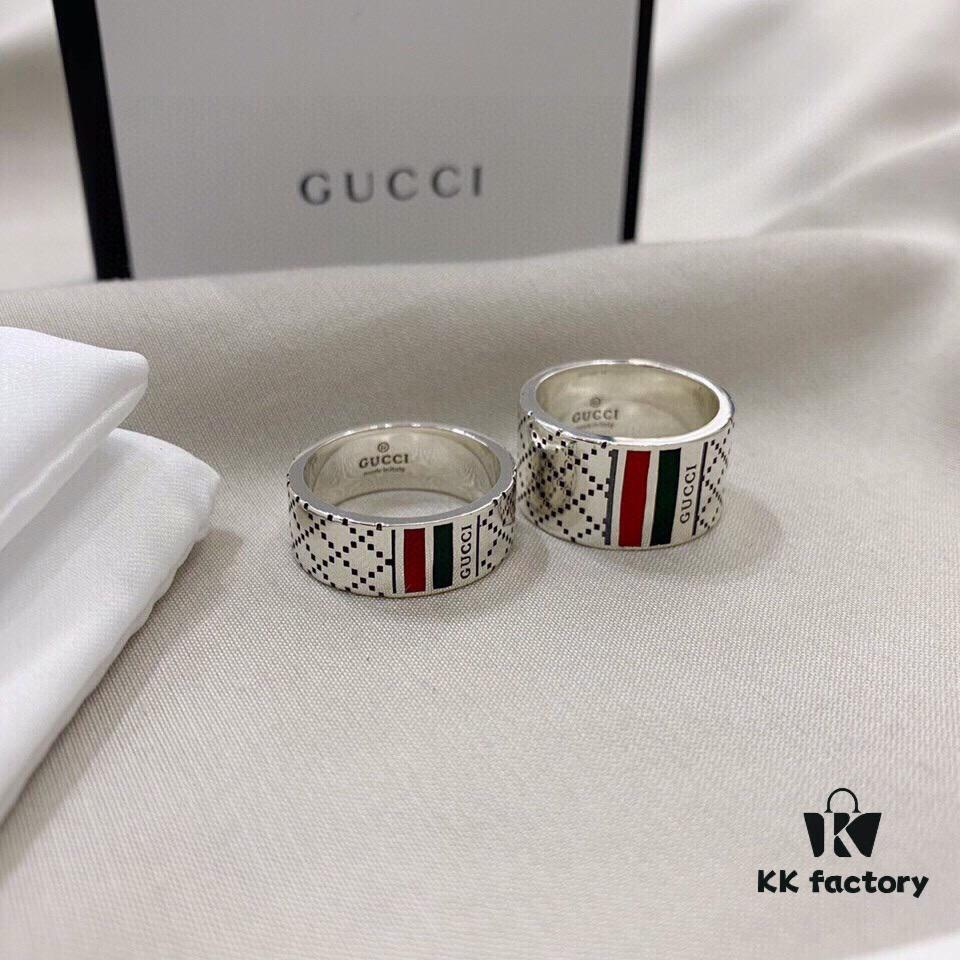 692ff09399f2d84055c8d653 Gucci 925 Sterling Silver Red and Green Diamond Checkered Pattern Couple Ring