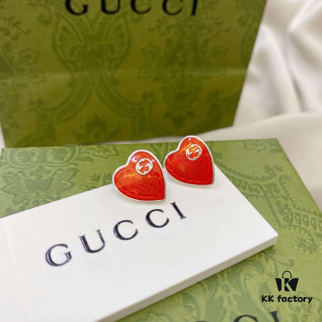 Gucci Gucci 925 Sterling Silver Double G Enamel Red Heart Stud Earrings