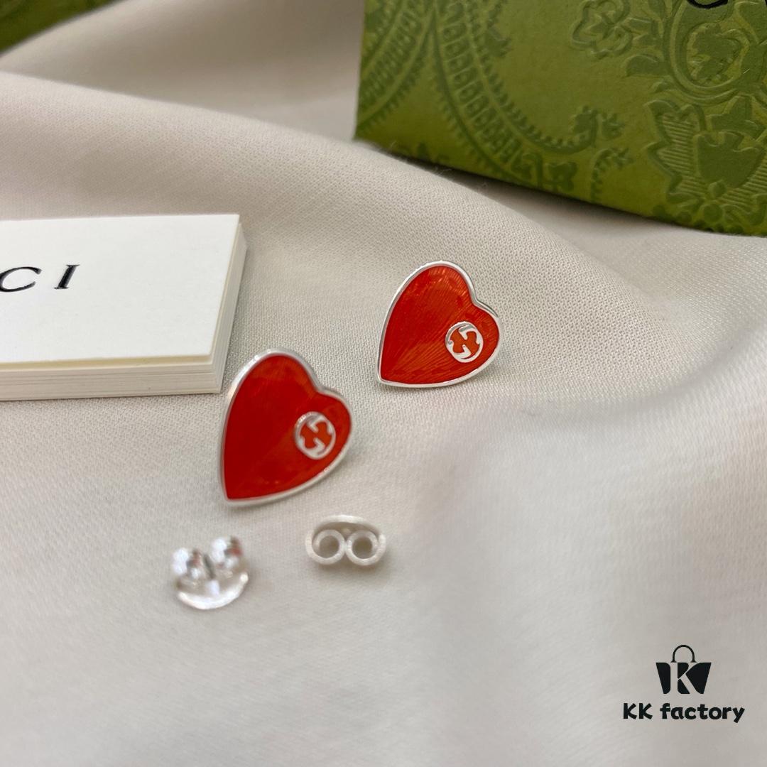 Gucci Gucci 925 Sterling Silver Double G Enamel Red Heart Stud Earrings
