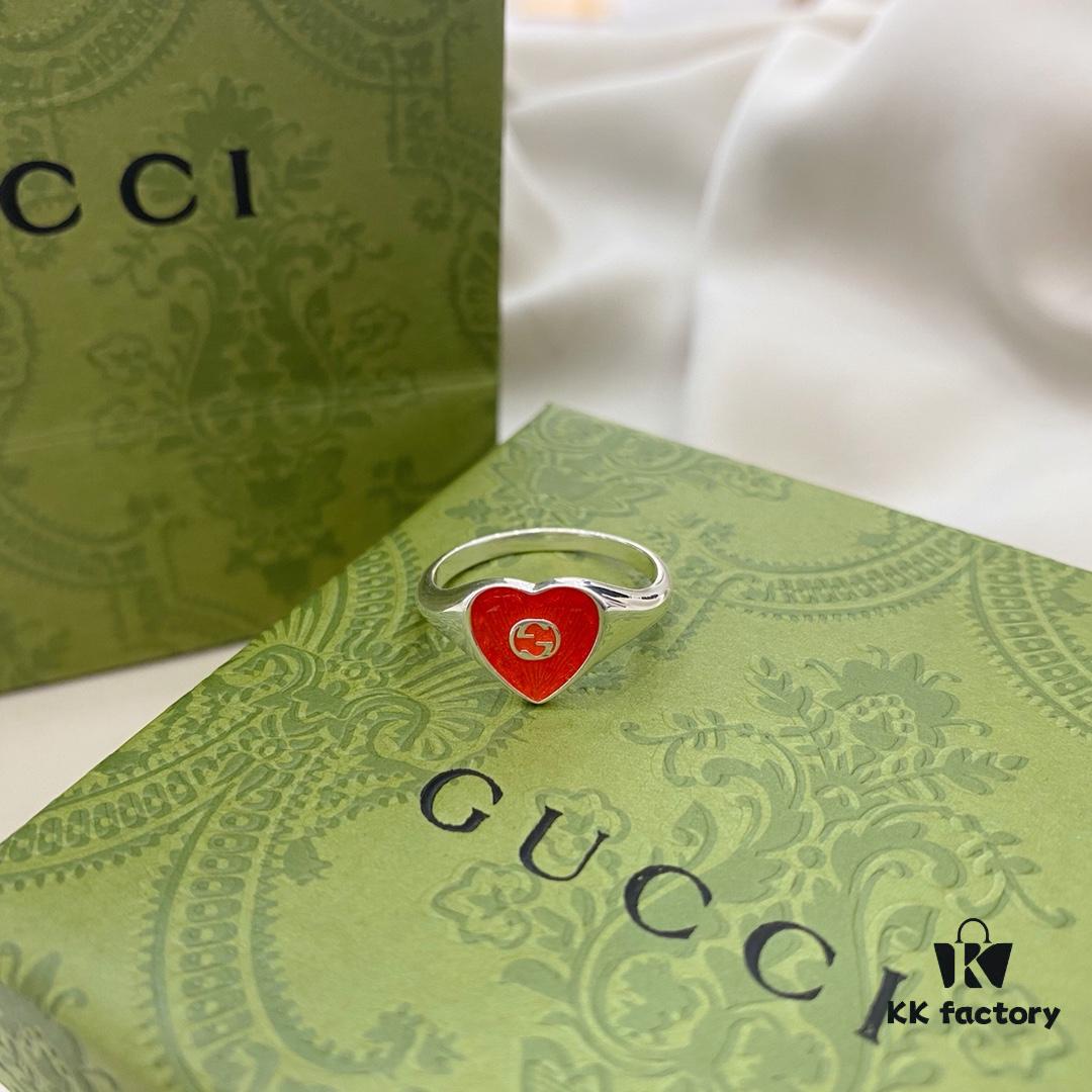 Gucci Gucci 925 Sterling Silver Double G Enamel Red Heart Ring