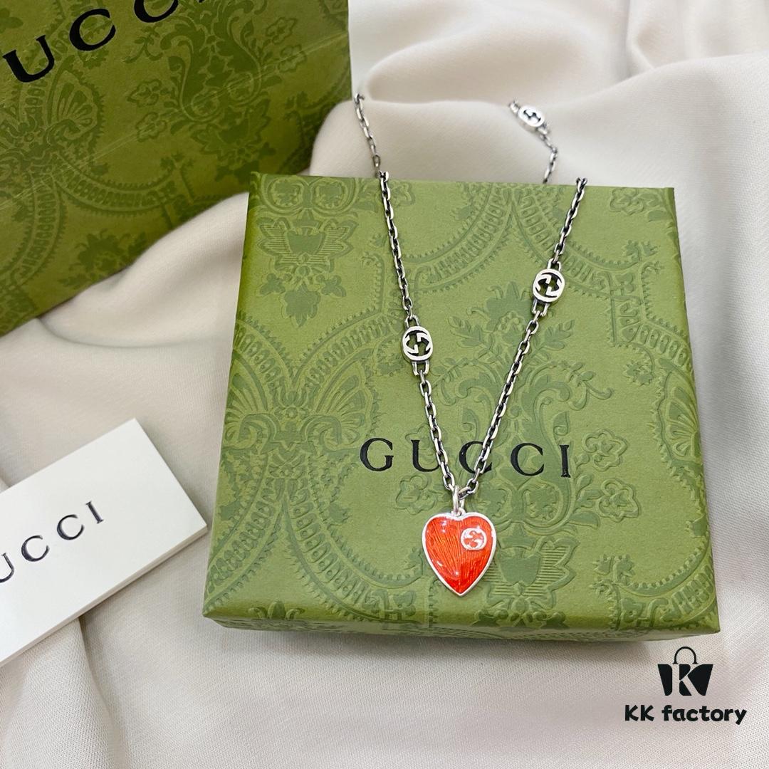 692ff0b899f2d84055c8d694 Gucci Gucci 925 Sterling Silver Interlocking Double G Enamel Red Heart Pendant Necklace