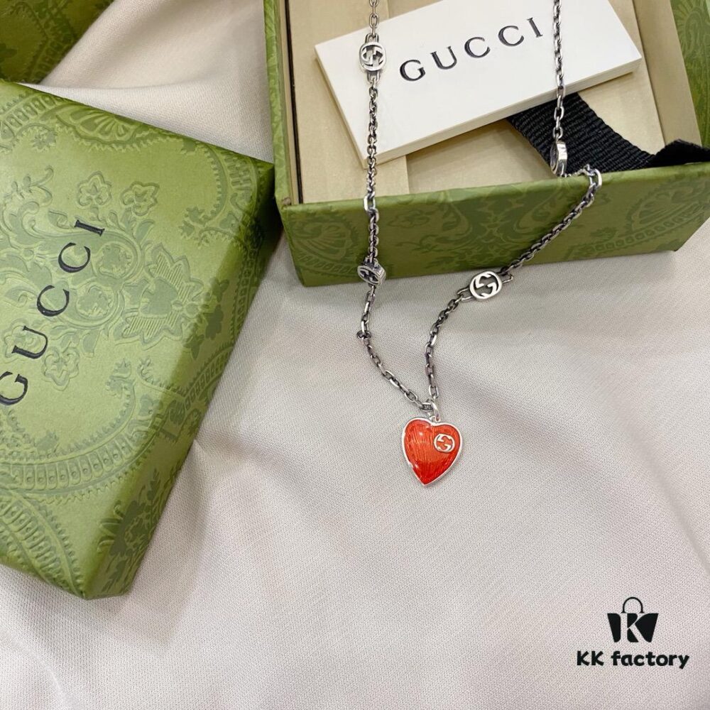 692ff0ba99f2d84055c8d699 Gucci Gucci 925 Sterling Silver Interlocking Double G Enamel Red Heart Pendant Necklace