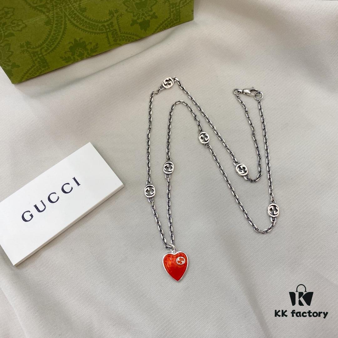 692ff0ba99f2d84055c8d69a Gucci Gucci 925 Sterling Silver Interlocking Double G Enamel Red Heart Pendant Necklace