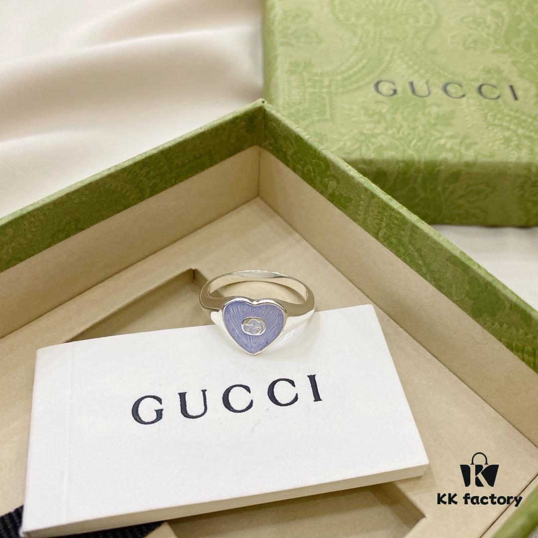 Gucci Gucci 925 Sterling Silver Double G Enamel Light Blue Heart Ring