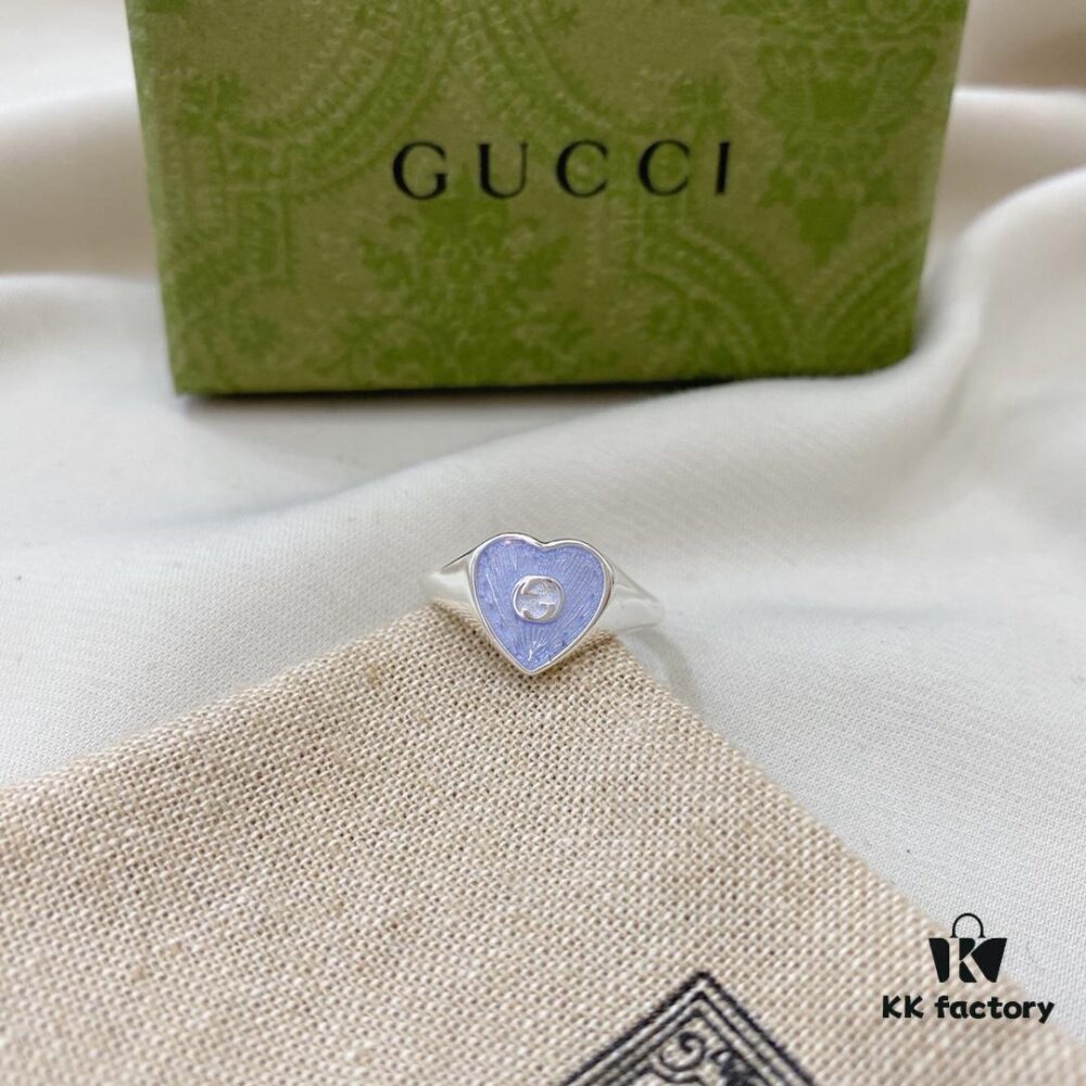 Gucci Gucci 925 Sterling Silver Double G Enamel Light Blue Heart Ring