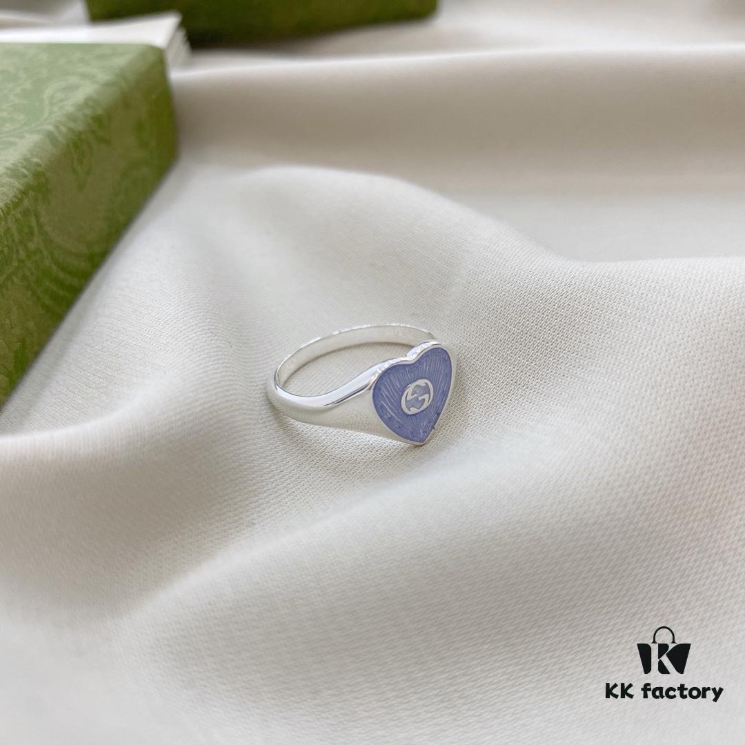 Gucci Gucci 925 Sterling Silver Double G Enamel Light Blue Heart Ring