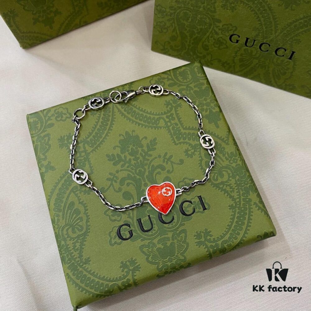 692ff17d99f2d84055c8d7db Gucci 925 Sterling Silver Interlocking Double G Enamel Red Heart Bracelet