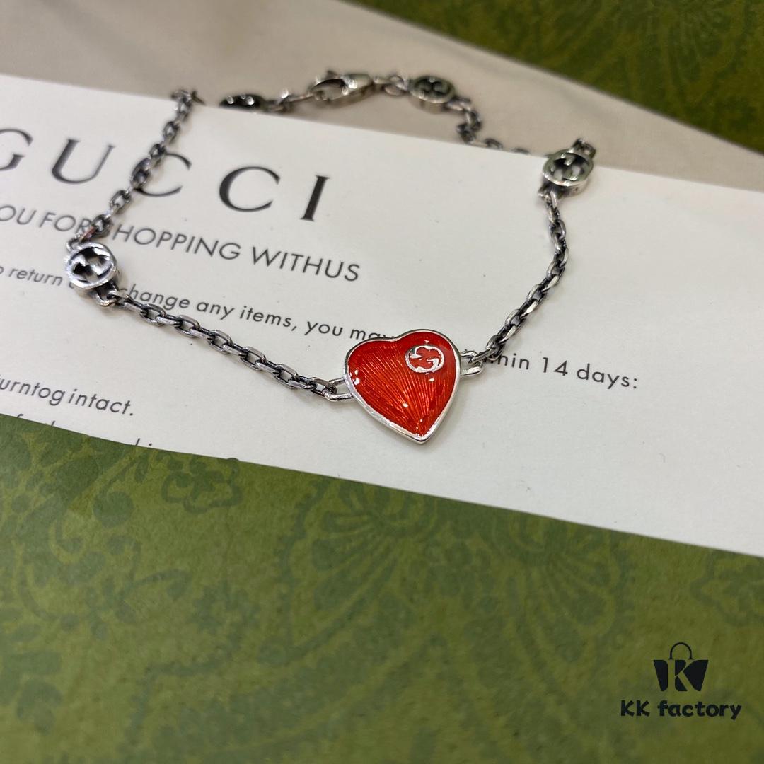 Gucci 925 Sterling Silver Interlocking Double G Enamel Red Heart Bracelet