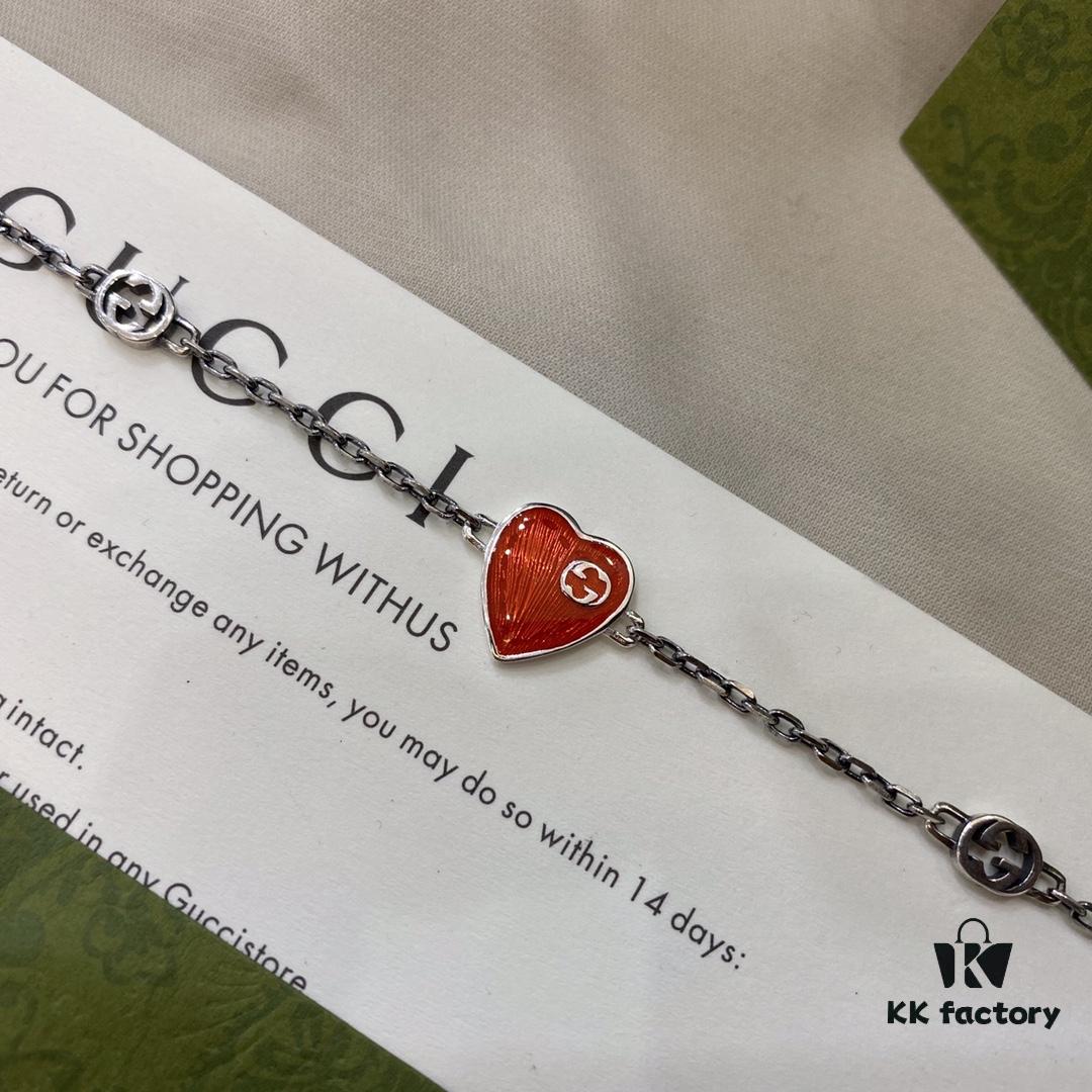 Gucci 925 Sterling Silver Interlocking Double G Enamel Red Heart Bracelet