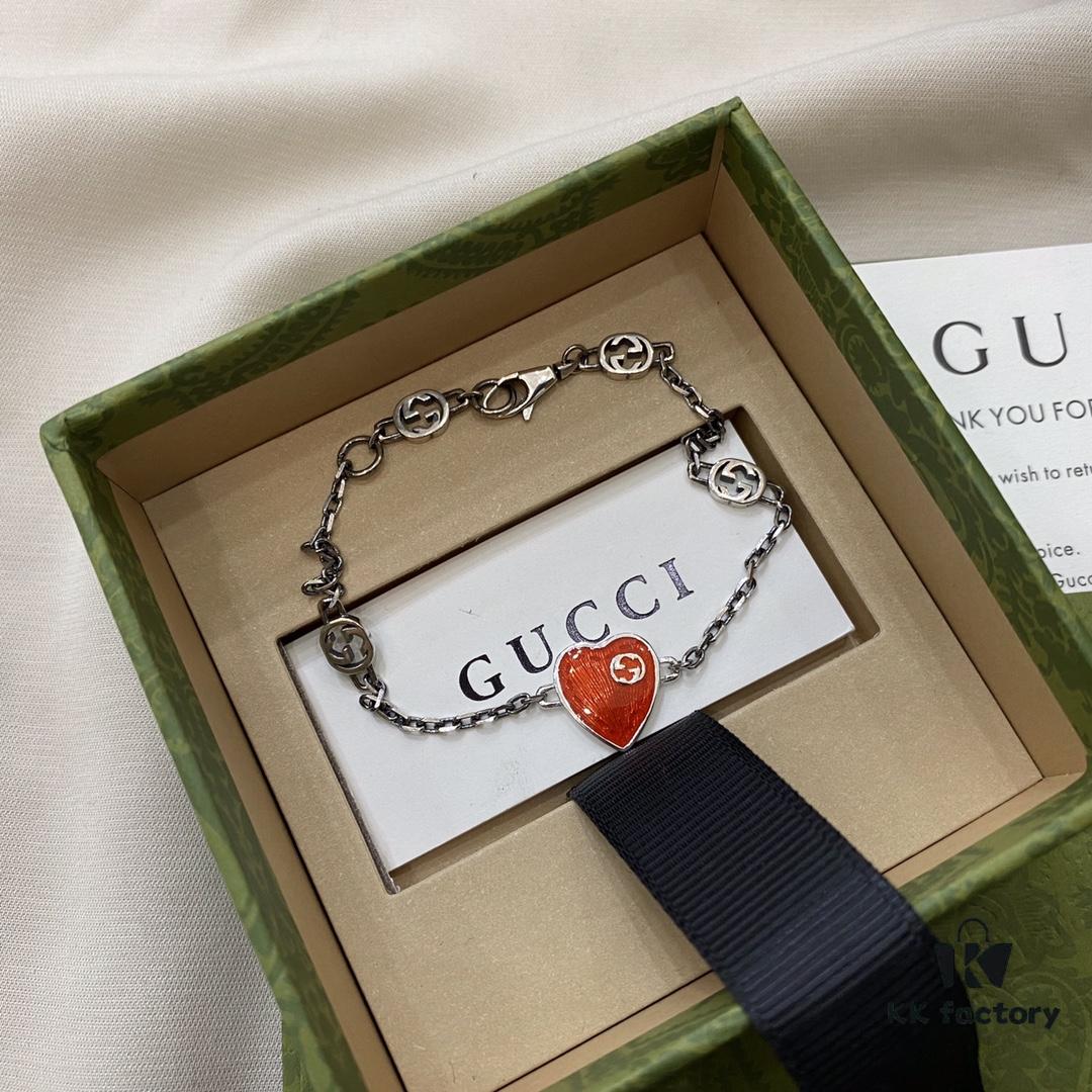 Gucci 925 Sterling Silver Interlocking Double G Enamel Red Heart Bracelet