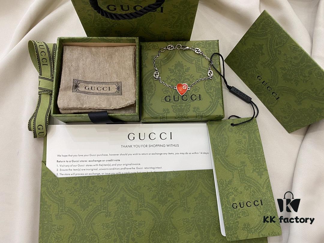 Gucci 925 Sterling Silver Interlocking Double G Enamel Red Heart Bracelet