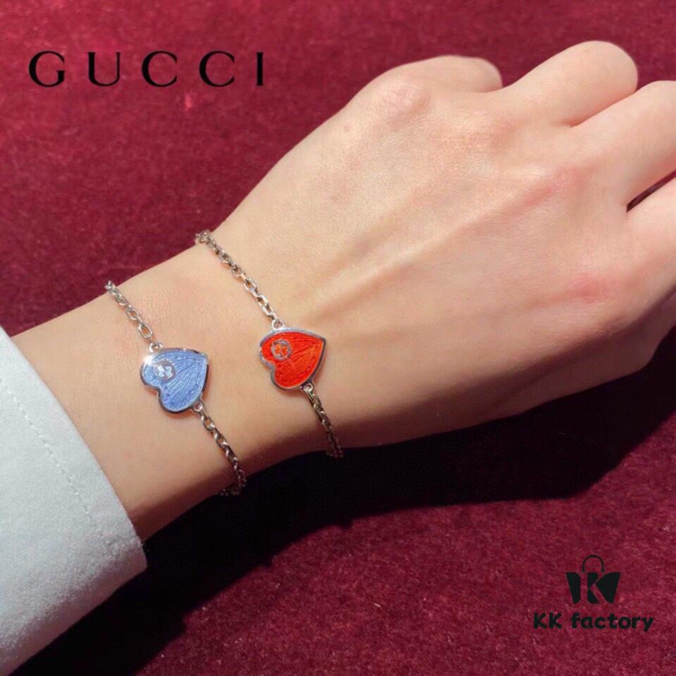 Gucci 925 Sterling Silver Interlocking Double G Enamel Red Heart Bracelet