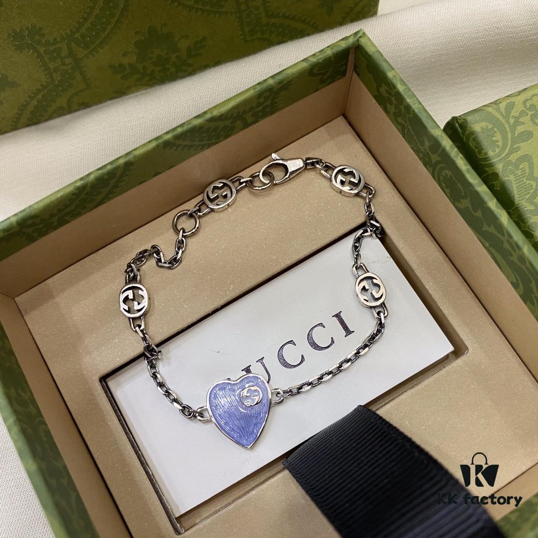 Gucci Interlocking Double G Enamel Blue Heart Bracelet in 925 Sterling Silver