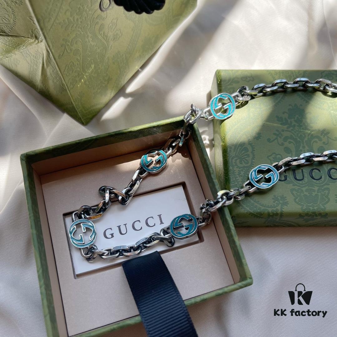 Gucci 925 Sterling Silver Double G Enamel Interlocking Vintage Necklace