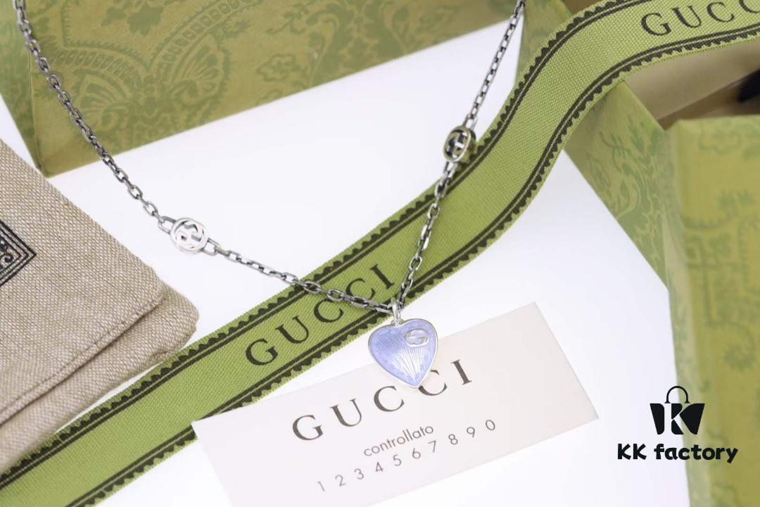 692ff19e99f2d84055c8d822 New Arrival💗 Gucci Interlocking Double G Blue Enamel Heart Necklace