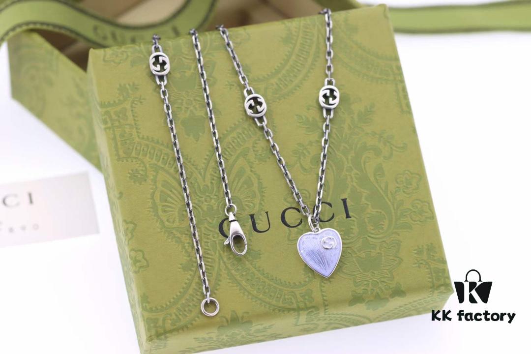 692ff1a099f2d84055c8d827 New Arrival💗 Gucci Interlocking Double G Blue Enamel Heart Necklace